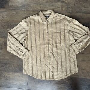 Tasso Elba Men's XL Striped Beige Tan 100% Cotton  Button Down Shirt